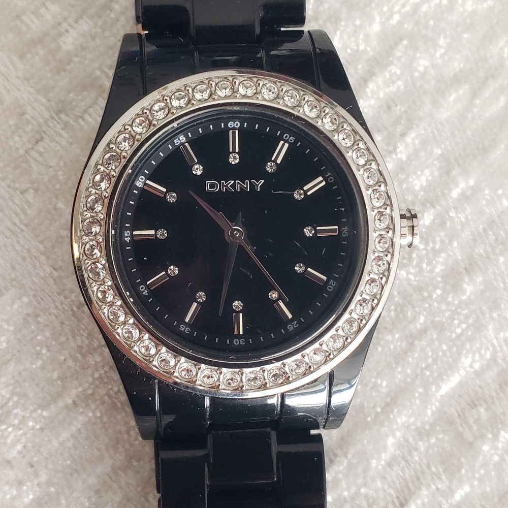 DKNY crystal black resin black face watch womens ladies watch used